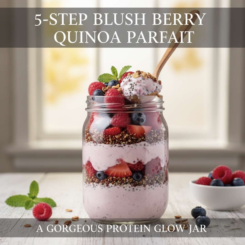Healthy Blush Berry Quinoa Parfait layered in a glass jar.